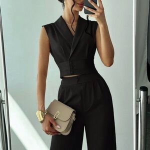 Sleeveless Black spring 2 piece crop Vest and Wide-Leg Pants Set